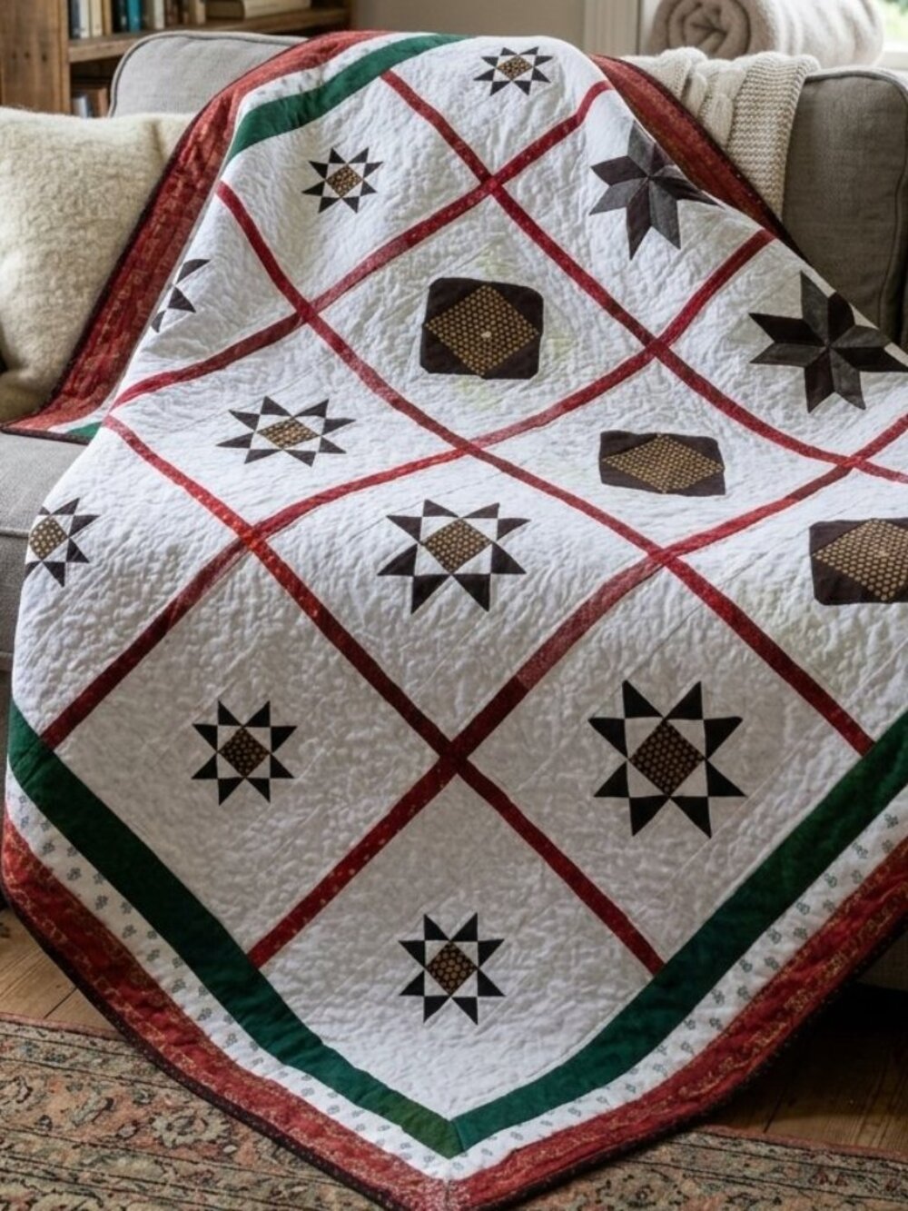 Handmade Throw Lap Quilt Green Red Black 59" x 56" Warm Cozy Bedding